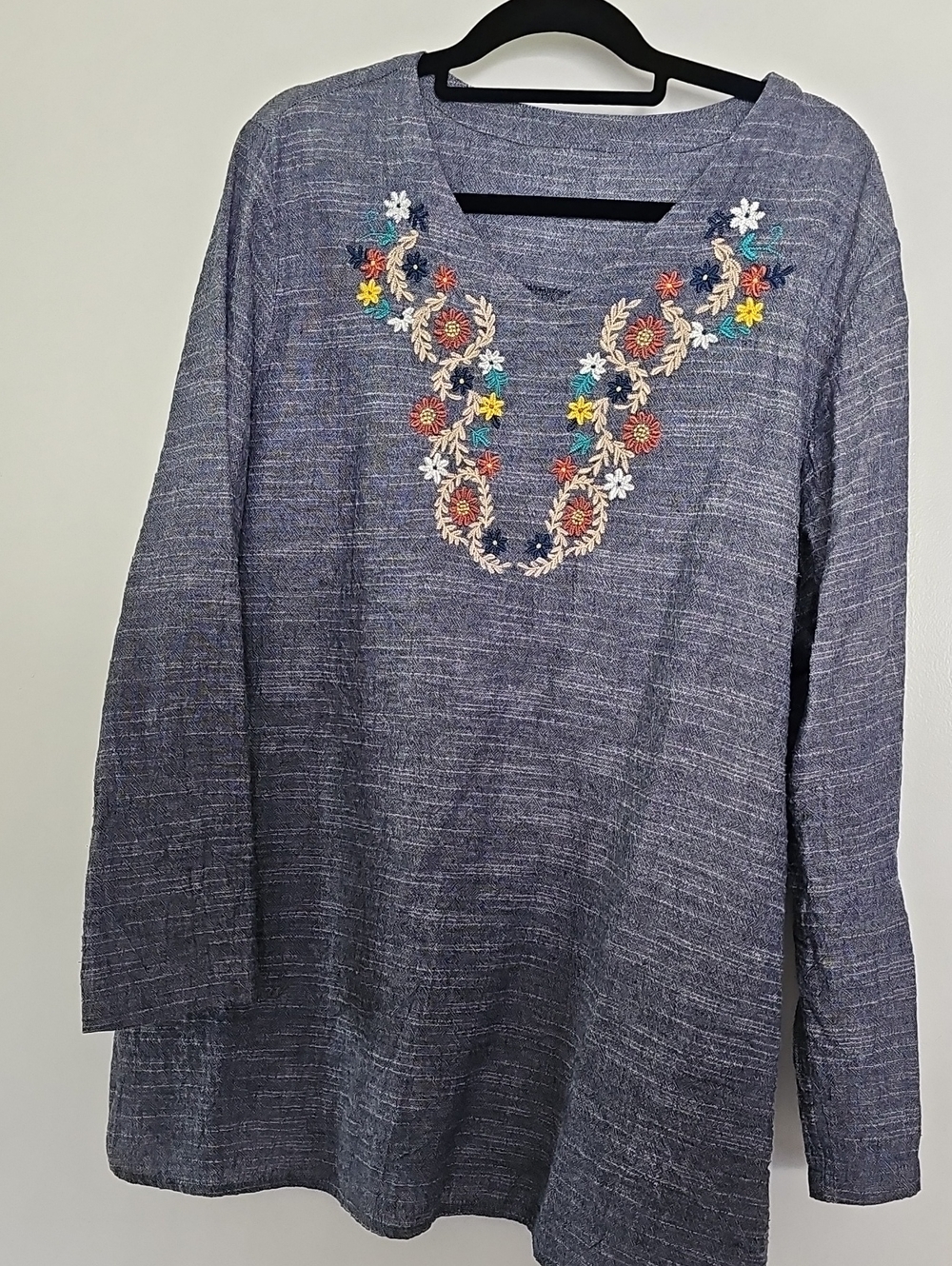 Embroidered Navy Tunic Top with Floral V-Neck